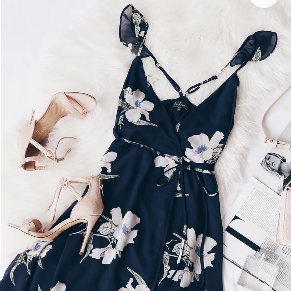 Lulu’s All Mine Navy Blue Floral Print High-Low Wrap Dress